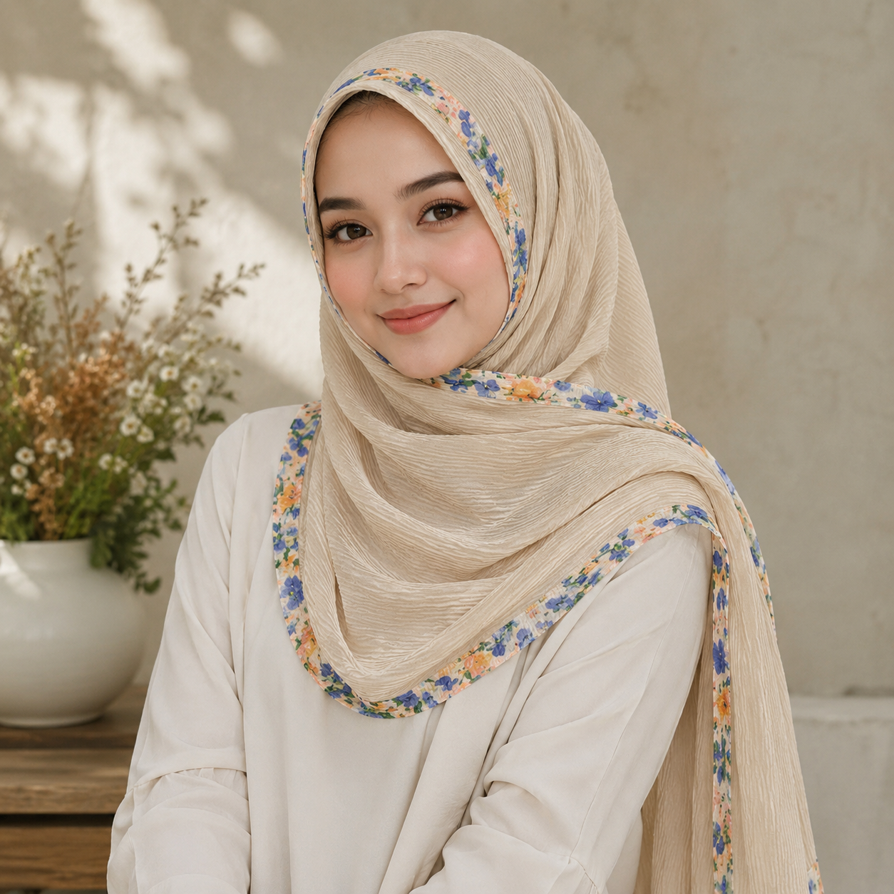Floral Border Crinkle Chiffon Hijab