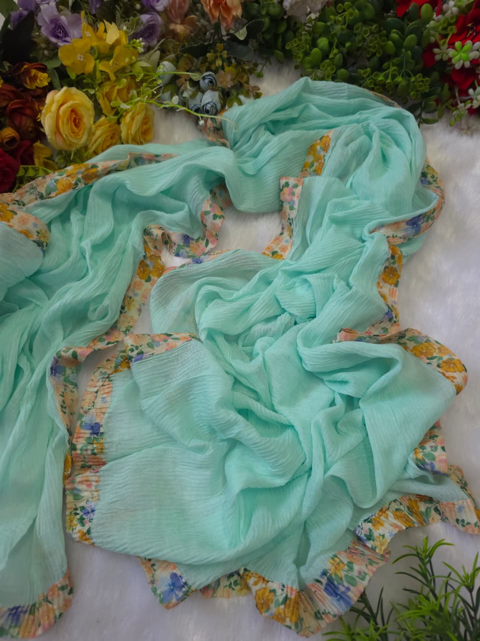 Mint Bloom Crinkle Chiffon Hijab
