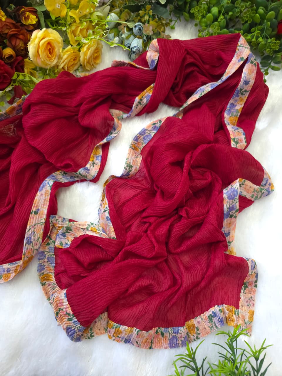 Crimson Floral Border Crinkle Hijab