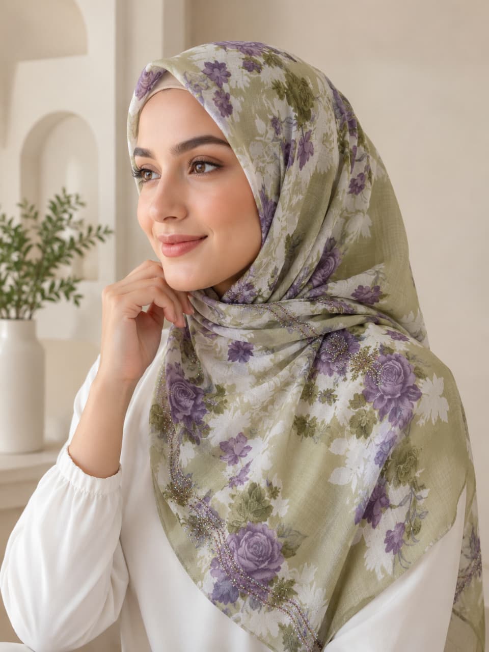 Floral Crystal Border Premium Gentalman cotton Hijab – Olive & Lavender