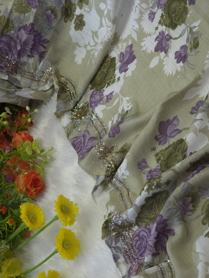 Floral Crystal Border Premium Gentalman cotton Hijab – Olive & Lavender